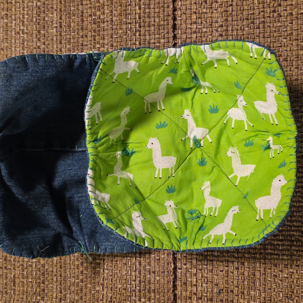 Lime Green Wandering Llama 2 Cozies Upcycled Blue Denim Jeans Hand Crafted LG
